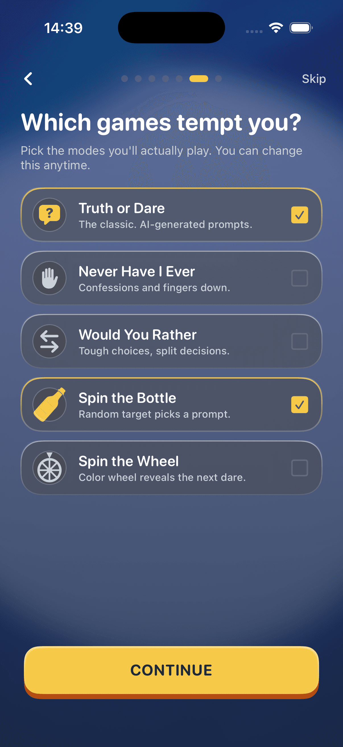 Truth or Dare AI mode picker — Truth or Dare, Never Have I Ever, Would You Rather, Spin the Bottle and Spin the Wheel