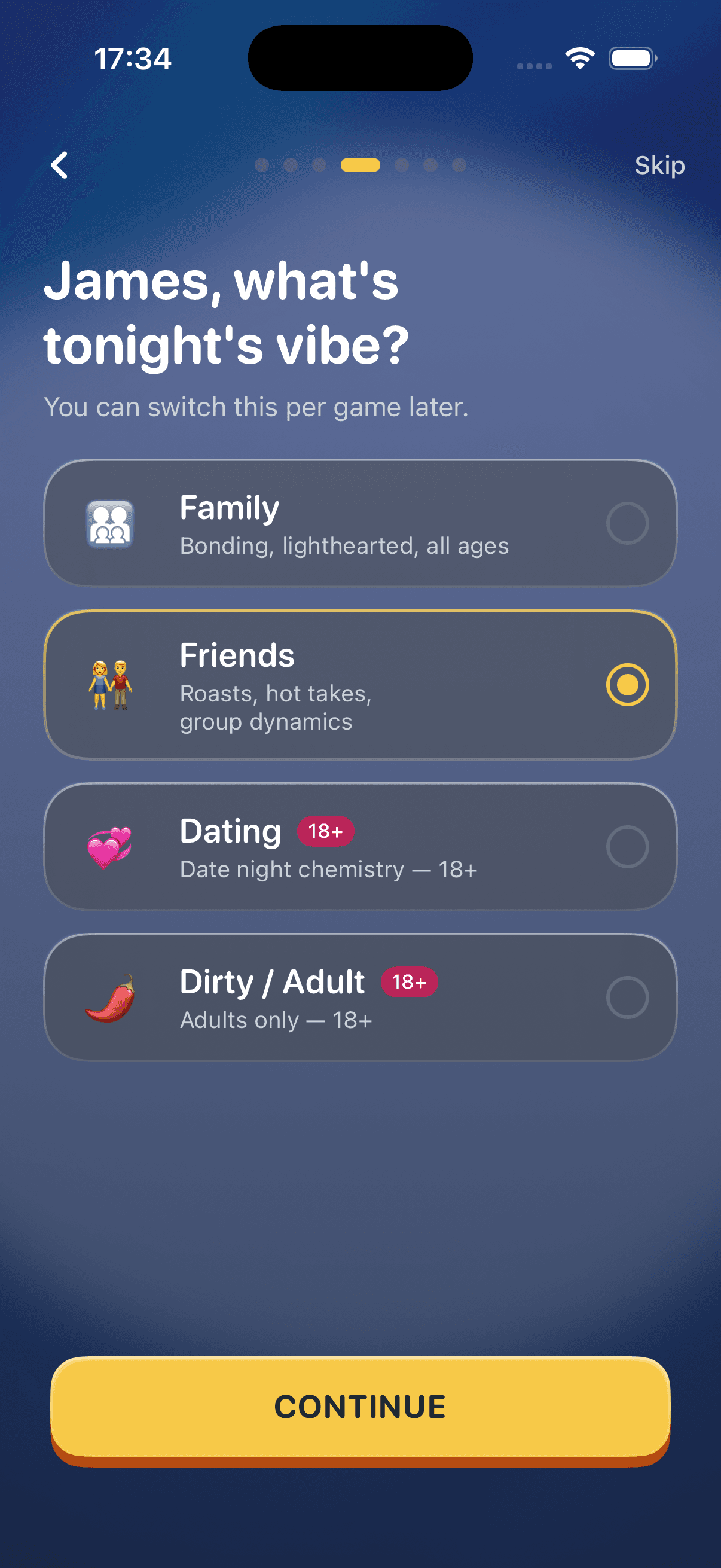 Truth or Dare AI vibe picker — Family, Friends, Dating 18+ and Dirty/Adult 18+ options