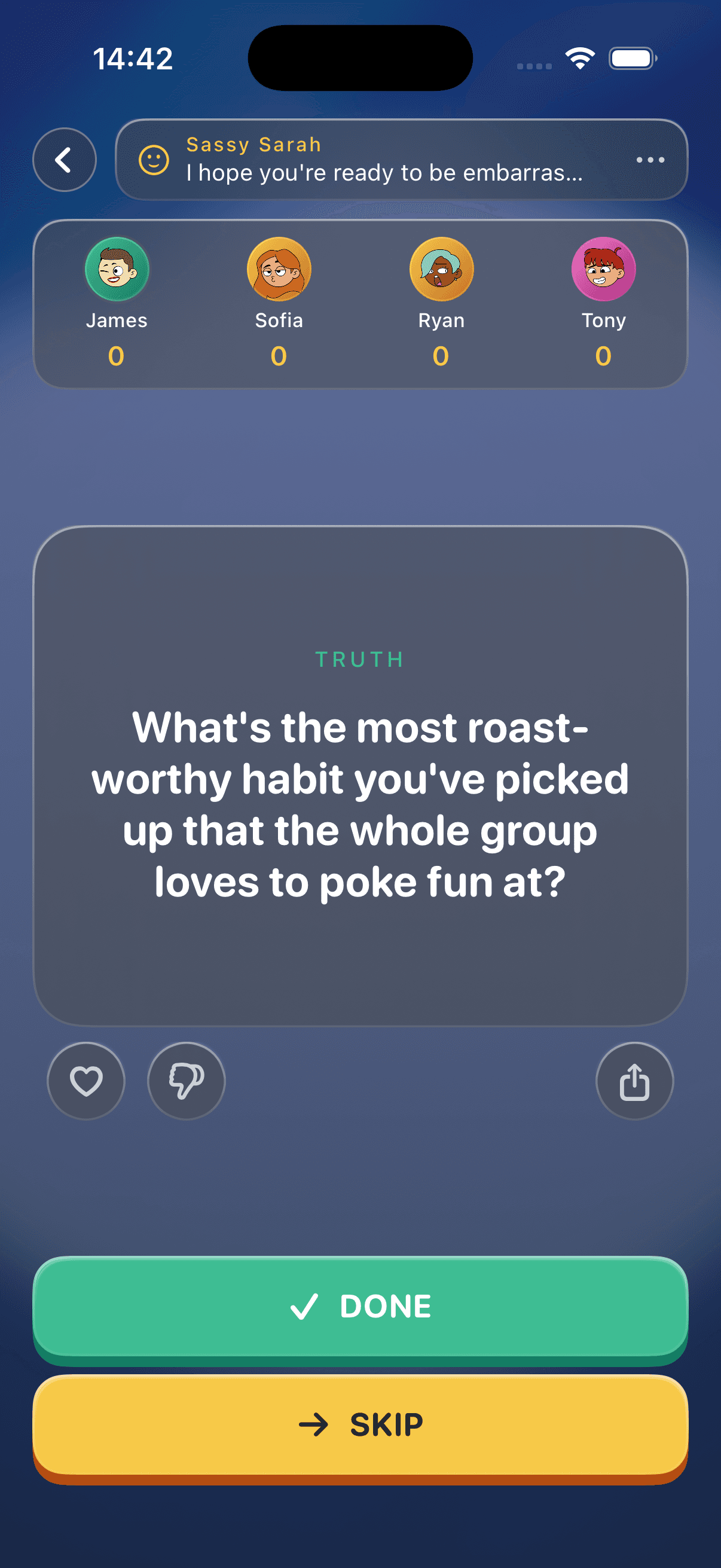 Truth or Dare AI gameplay — a truth question for the group with the Sassy Sarah host